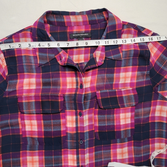 Banana Republic Factory Button-up Shirt Sheer Pink Blue Plaid Long Sleeve Preppy - Picture 8 of 12